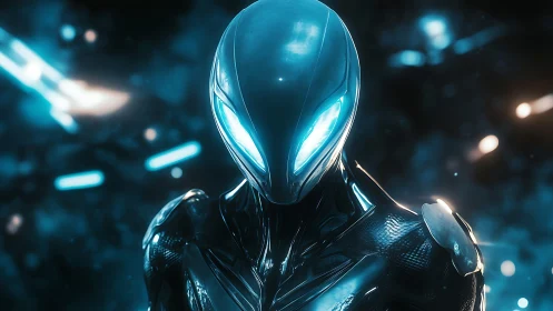 Futuristic alien android with glowing blue visor eyes.