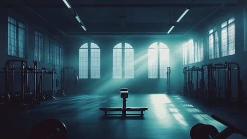 Quiet morning gym bathed in hopeful blue sunlight.