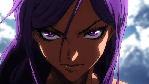 Purple-haired anime warrior with intense glare close-up.