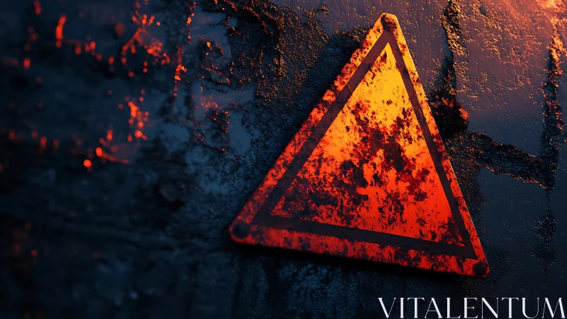 Rust-kissed warning triangle glows against dark wet wall