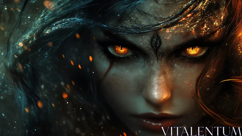 Enigmatic elemental sorceress rendered in fiery digital chiaroscuro