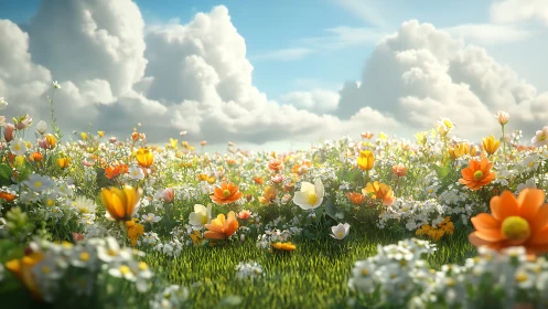 Wildflower Meadow Under Cloudy Sky