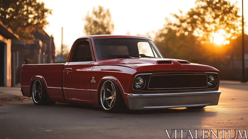 Pro-touring red pickup with ultra-low stance at golden hour.