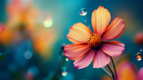 Orange flower macro with bokeh and water droplets.