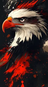 Digital eagle portrait with dynamic red paint splashes.