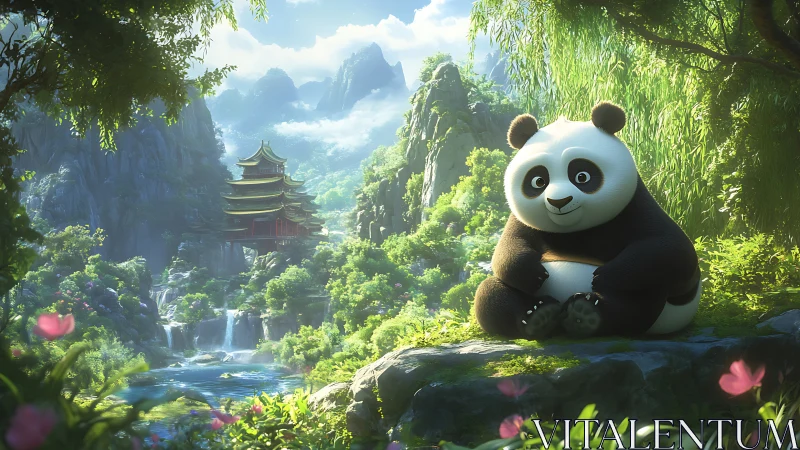 Gentle panda resting by a hidden jade valley temple.