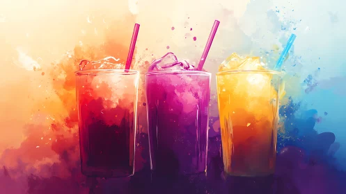 Three Gradient Beverage Glasses with Vibrant Watercolor Effects and Straws
