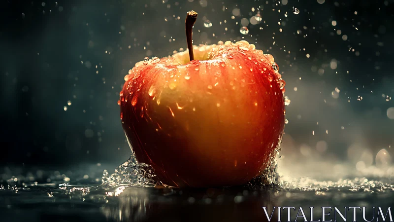 Glistening red apple sparkling softly in cool falling water.