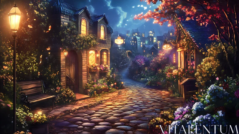Enchanted cobblestone street under glowing night sky.