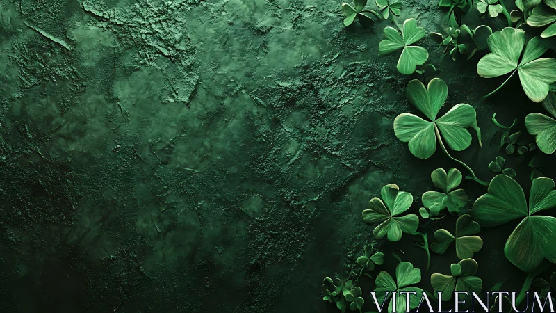 Green shamrock leaves lie on textured dark green surface