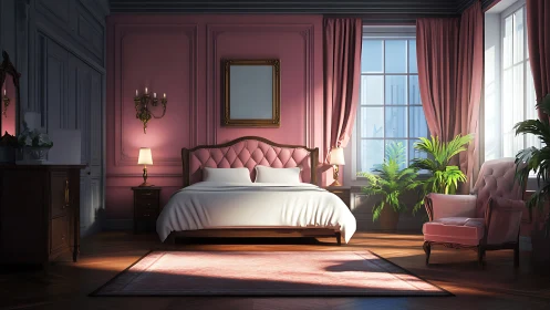 Sunlit pink bedroom retreat with cozy classic elegance.