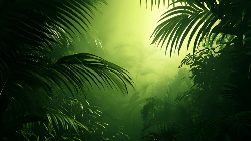 Emerald Jungle Glow: Nature's Misty Paradise.