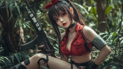 Confident jungle heroine resting with a sleek rifle.