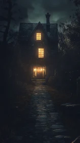 Old dark house framed by lit windows at night
