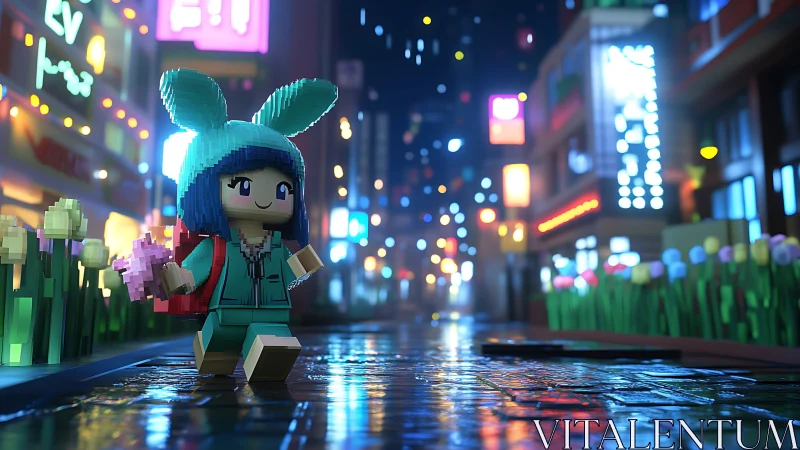 Playful bunny-hooded explorer wandering a neon city street.