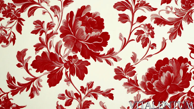 Red floral pattern with large blossoms on cream background.