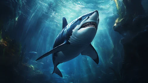 Great white shark swims through deep blue ocean canyon