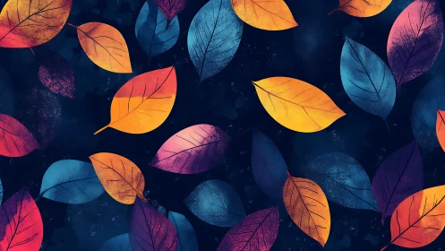 Vibrant multicolored leaf pattern floats on deep indigo field