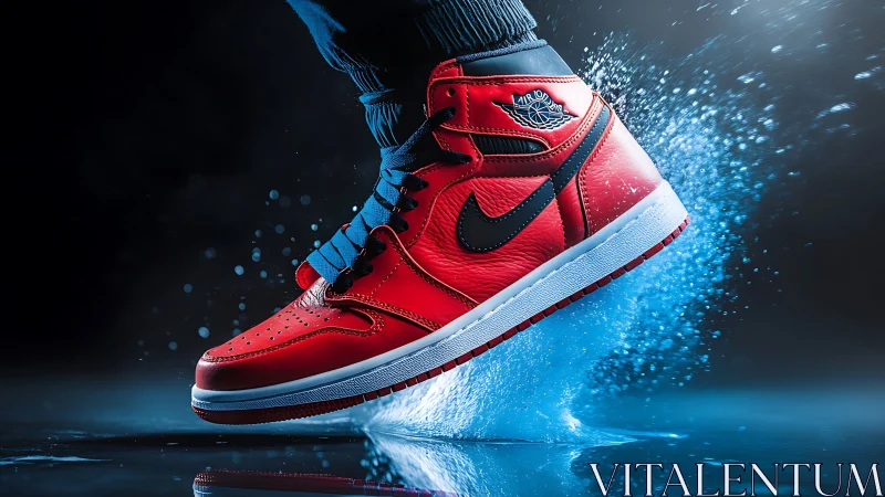 Red sneaker slices through neon water in mid-air freeze frame