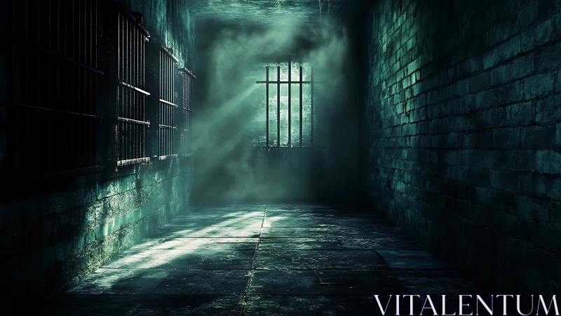 Dark prison corridor with barred window and eerie light.