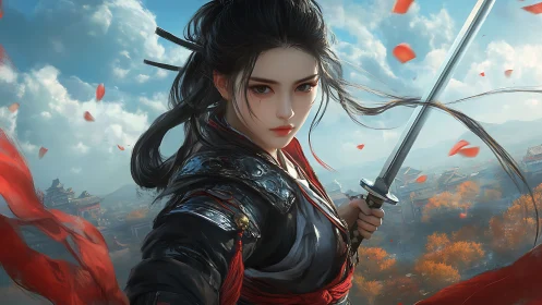 Dynamic close-up of armored swordswoman with motion-blurred petals