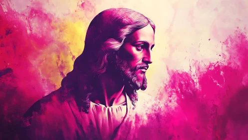 Gentle robed figure in radiant pink and golden light.