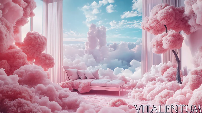 Dreamlike cloud bedroom floating in pink pastel sanctuary.