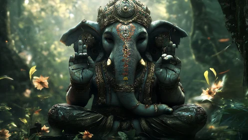 Ganesha forest idol digital rendering with floating blossoms.