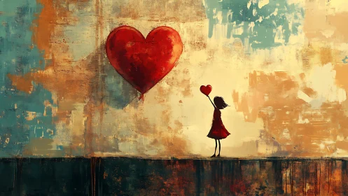 Silhouetted figure releasing textured crimson heart balloon against weathered abstract architectural