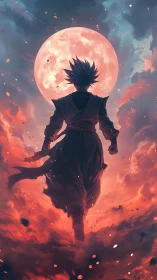 Lone warrior strides through burning clouds toward a vast moon