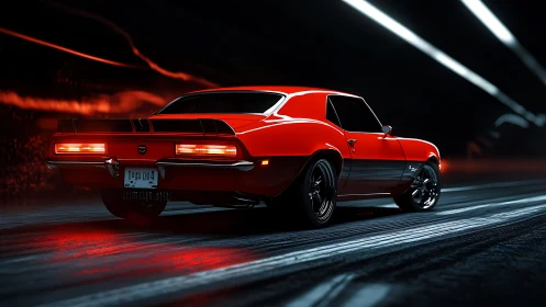 Scarlet muscle car prowls a neon tunnel of streaming light