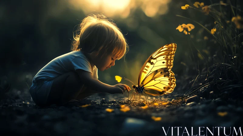 Small child observing oversized butterfly at dusk in forest.