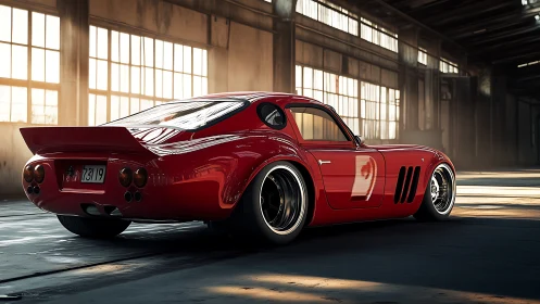 Red classic race car stands in sunlit industrial warehouse