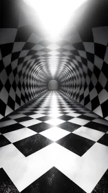 Monochrome checkered tunnel corridor with intense vanishing light