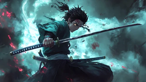 Demonic-eyed samurai lunges through luminous storm vortex
