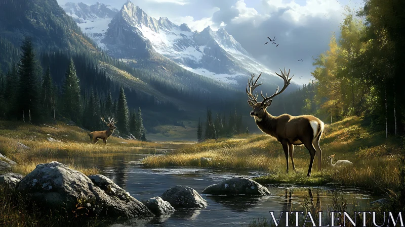 Stag beside alpine river under towering snowy peaks.
