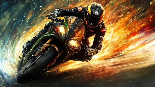 Motorcyclist leans into high speed turn with fiery motion