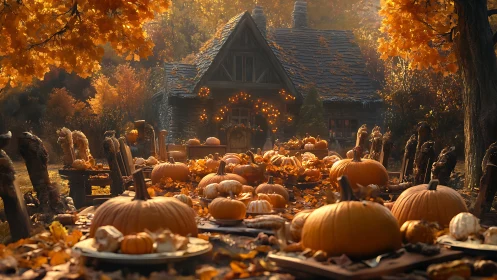 Autumn harvest table with pumpkins before rustic cottage.