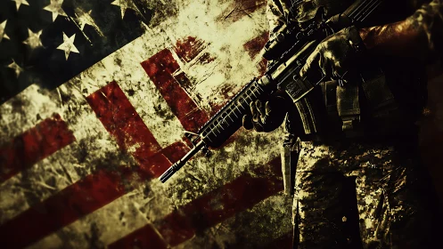 Armed soldier silhouette over distressed US flag backdrop.
