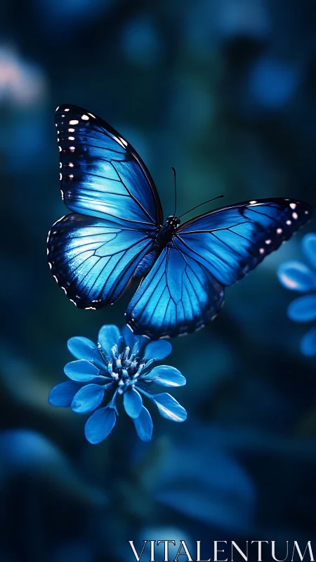 Midnight blue butterfly resting softly on glowing petals.