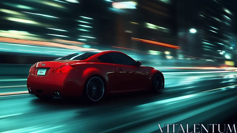 High-speed red coupe in motion-blurred neon urban corridor