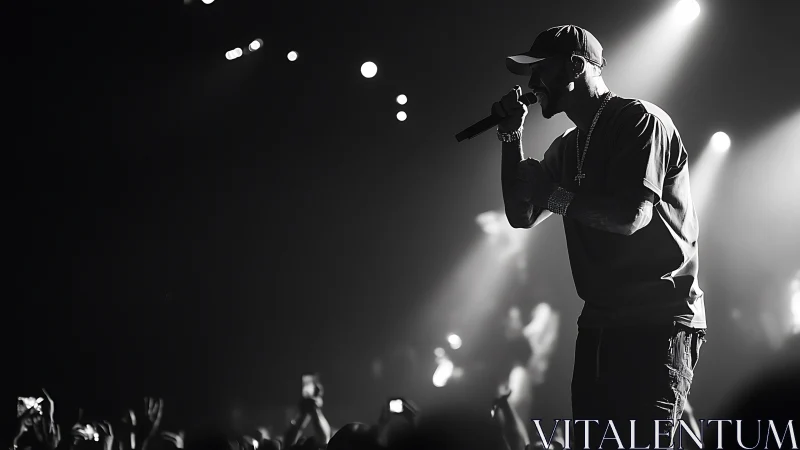 Hip hop performer commands stage under stark spotlights.