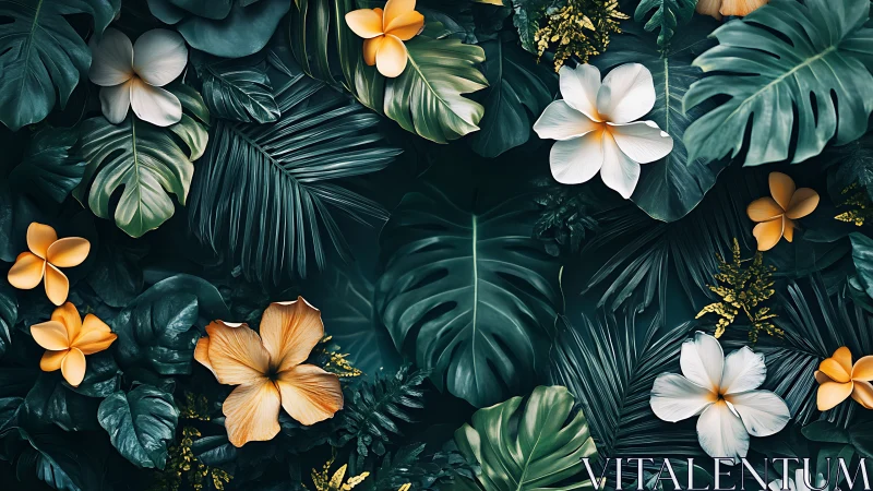 Tropical Foliage Composition with Plumeria and Monstera Leaf Arrangement