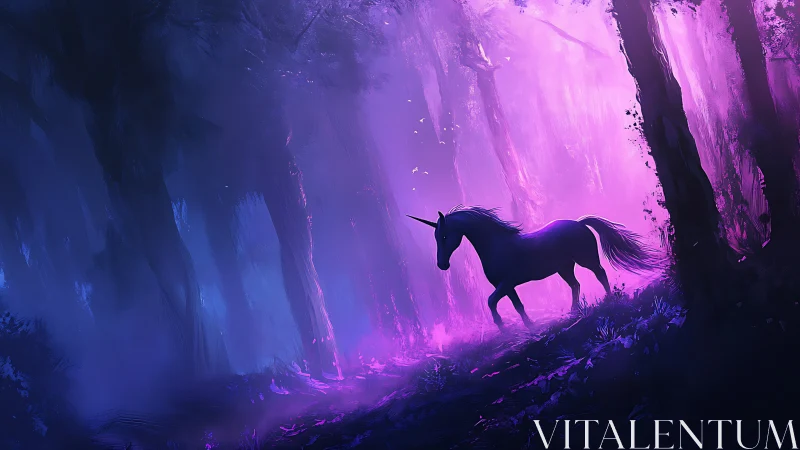 Digital painting of a unicorn in luminescent twilight forest.