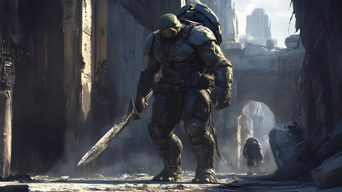 Armored alien warrior advances through ruined urban canyon
