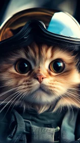 Wide-eyed ginger kitten peers out from glossy pilot helmet