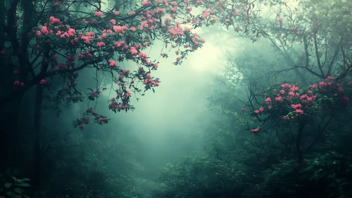 Rhododendron canopy with volumetric atmospheric diffusion and misty forest pathway