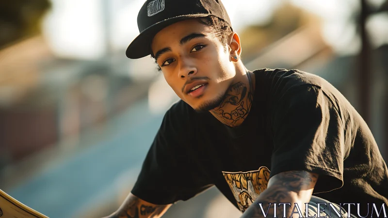 Young skateboarder looks at camera in warm outdoor light