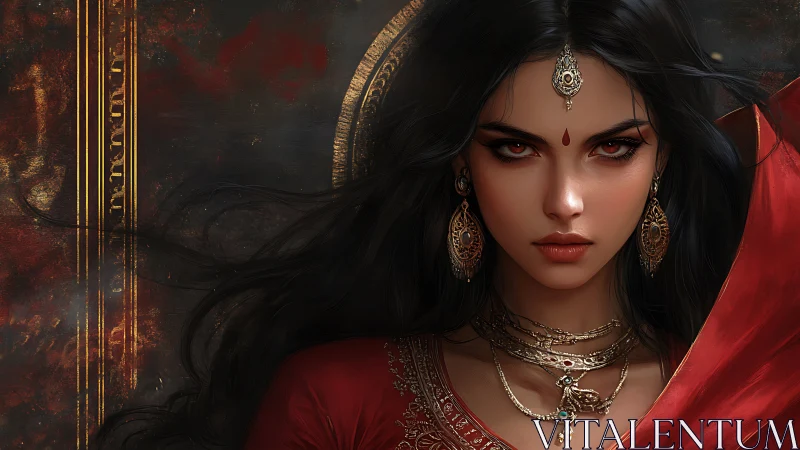 Digital portrait of jeweled woman in red sari, cinematic lighting