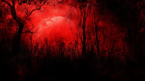 Blood red moon over dark silhouetted forest scene.